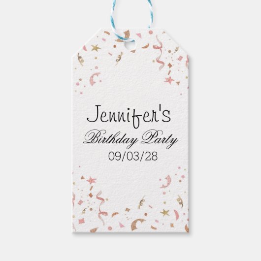 Roze en roze gouden glinsterconfetti cadeaulabel (Voorkant)