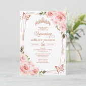 Roze en roze gouden Quinceañera uitnodiging (Staand voorkant)