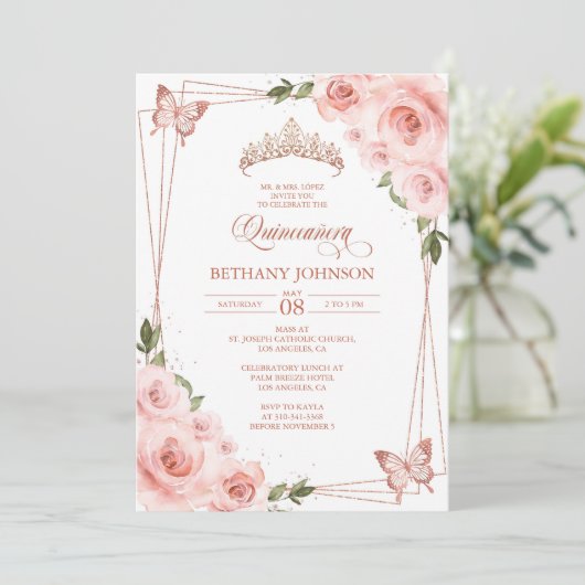 Roze en roze gouden Quinceañera uitnodiging (Staand voorkant)