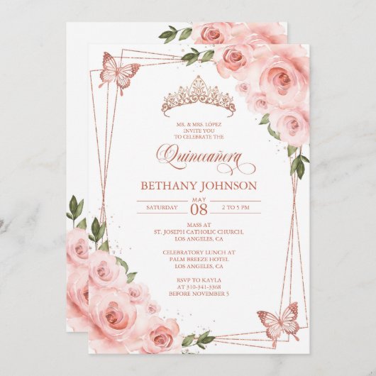 Roze en roze gouden Quinceañera uitnodiging (Voorkant / Achterkant)