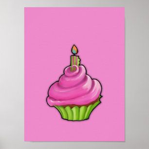 Roze en roze Poster met groene cupcake