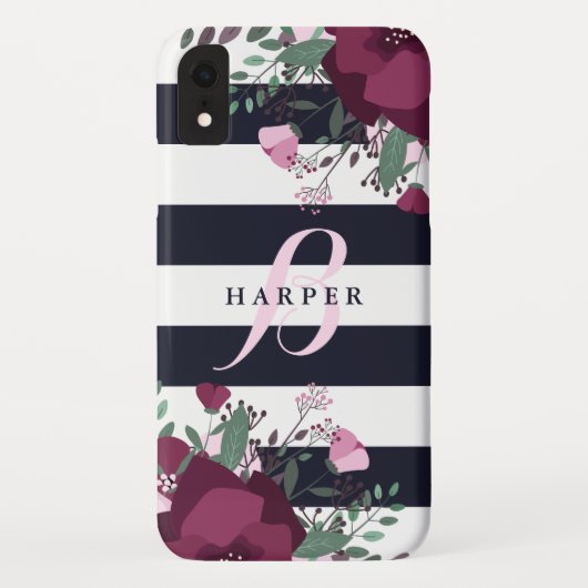 Roze en roze Rozen | Gestreepte monogrammen Case-Mate iPhone Case (Achterkant)