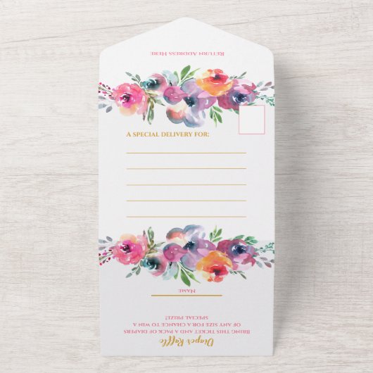 Roze en roze Waterverf, babymeisjesdouche All In One Uitnodiging (Buitenkant)