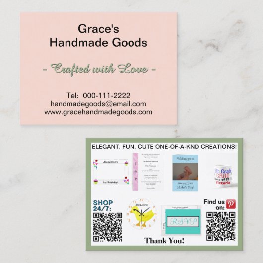 Roze en Sage Bedrijfsfoto's QR-codes 3,5 x 2,5 Visitekaartje (Voorkant / Achterkant)