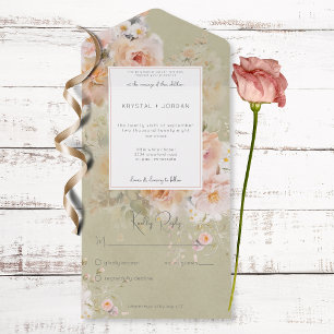 Roze en Sage Floral Lijst Geen diner All In One Uitnodiging