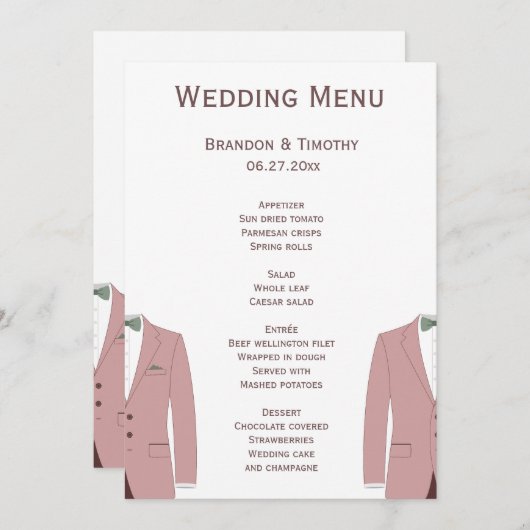 Roze en Sage Gay Bruiloft Menu Kaarten (Voorkant / Achterkant)