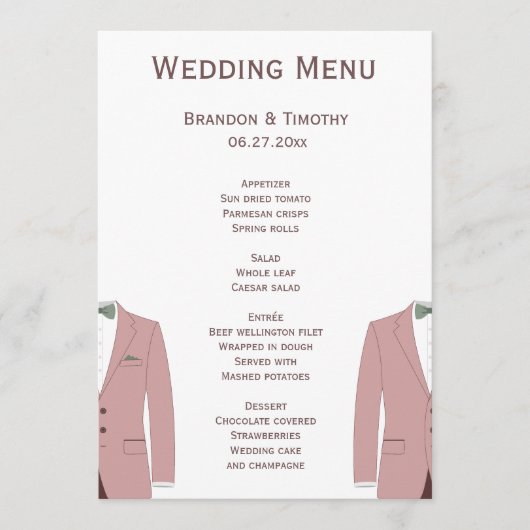 Roze en Sage Gay Bruiloft Menu Kaarten (Voorkant)