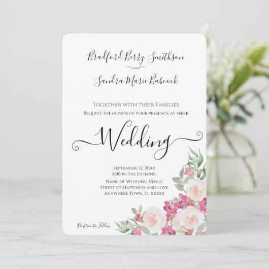 Roze en Sage Green Floral Wedding-uitnodiging Kaart (Staand voorkant)