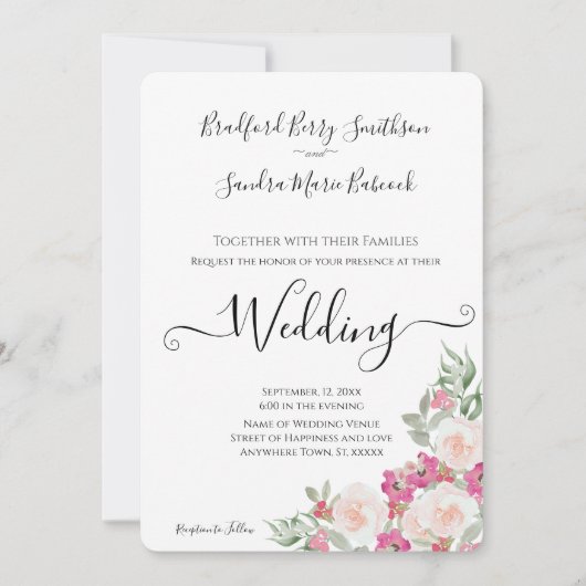 Roze en Sage Green Floral Wedding-uitnodiging Kaart (Voorkant)
