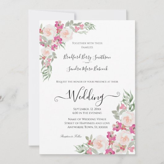 Roze en Sage Green Floral Wedding-uitnodiging Kaart (Voorkant)