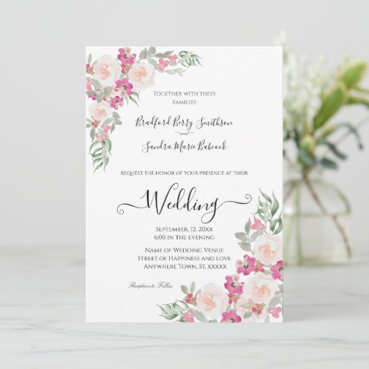 Roze en Sage Green Floral Wedding-uitnodiging Kaart (Staand voorkant)