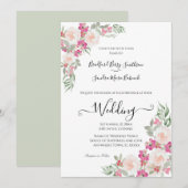 Roze en Sage Green Floral Wedding-uitnodiging Kaart (Voorkant / Achterkant)