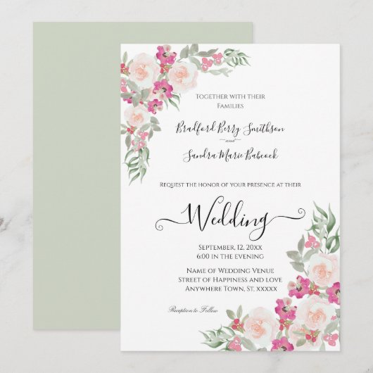 Roze en Sage Green Floral Wedding-uitnodiging Kaart (Voorkant / Achterkant)