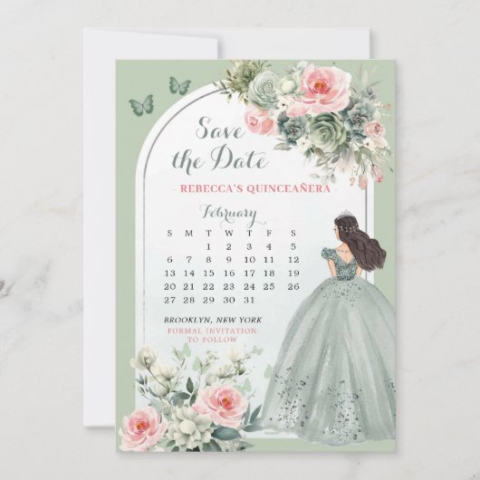 Roze en Sage Green Quince Kalender Sla de datum op Kaart (Voorkant)