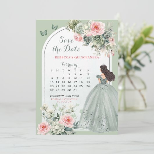 Roze en Sage Green Quince Kalender Sla de datum op Kaart (Staand voorkant)