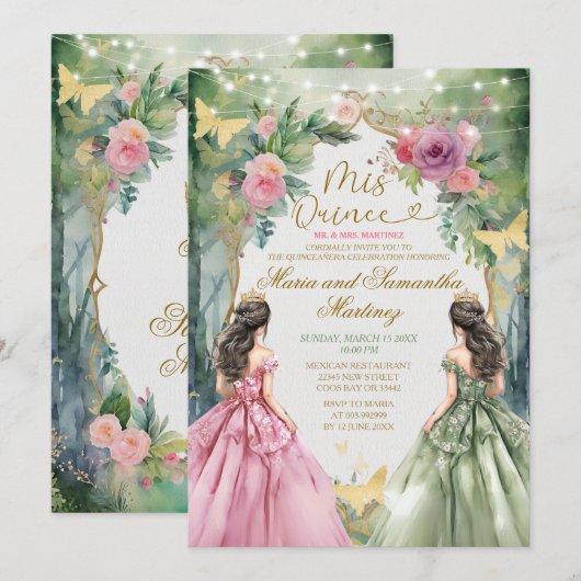 Roze en Sage Green Twin Koninklijke Prinses Mis Qu Kaart (Voorkant / Achterkant)