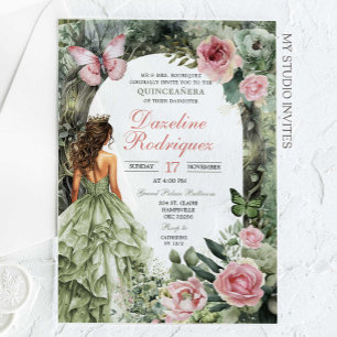 Roze en Sage Green Whimsical Forest Quinceanera Acryl Uitnodigingen
