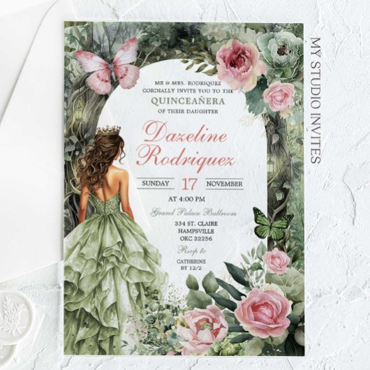 Roze en Sage Green Whimsical Forest Quinceanera Acryl Uitnodigingen