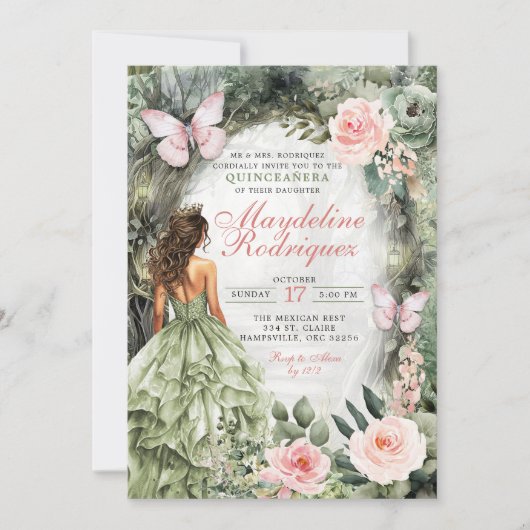 Roze en Sage Green Whimsical Forest Quinceanera Kaart (Voorkant)
