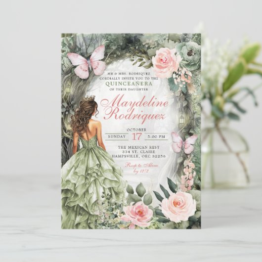 Roze en Sage Green Whimsical Forest Quinceanera Kaart (Staand voorkant)