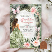 Roze en Sage Green Whimsical Forest Quinceanera Kaart