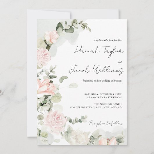 Roze en Sage Groene Bloemen QR Code Bruiloft Kaart (Voorkant)