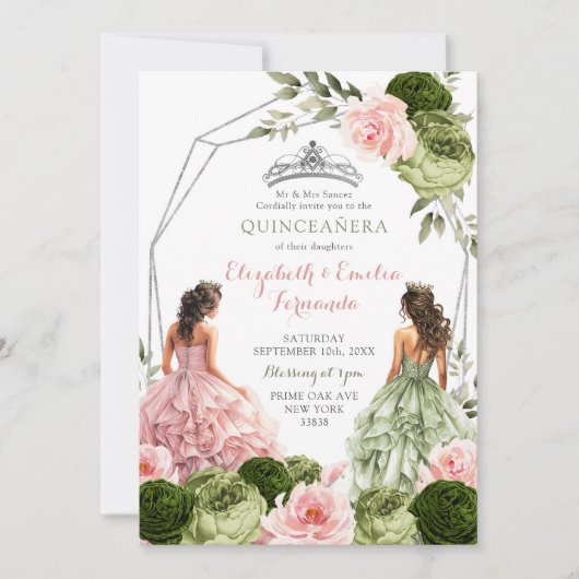 Roze en Sage Groene Twins Geometrische Quinceañera Kaart (Voorkant)