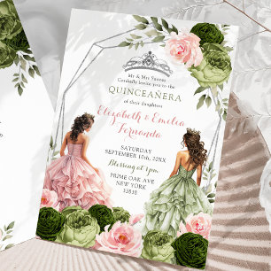 Roze en Sage Groene Twins Geometrische Quinceañera Kaart