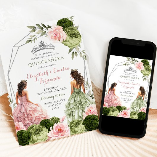 Roze en Sage Groene Twins Geometrische Quinceañera Kaart