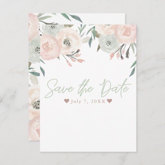 Roze en Sage Mint Green Modern Floral Save the Dat Aankondigingskaart (Voorkant / Achterkant)