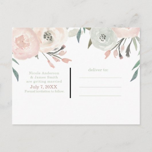 Roze en Sage Mint Green Modern Floral Save the Dat Aankondigingskaart (Achterkant)