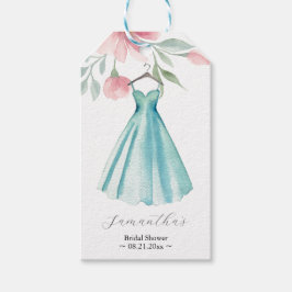 Roze en salieblauwe bloemige thema's voor bruidsfe cadeaulabel