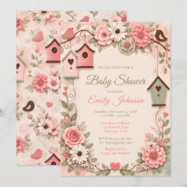 Roze en Saliegroen Bloemrijke Vogels Baby Shower Kaart