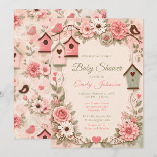 Roze en Saliegroen Bloemrijke Vogels Baby Shower Kaart