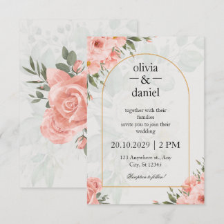 Roze en Saliegroen Elegante Bloemboog Bruiloft RSVP Kaartje