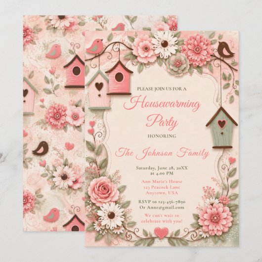 Roze en Saliegroen Housewarming Kaart (Voorkant / Achterkant)
