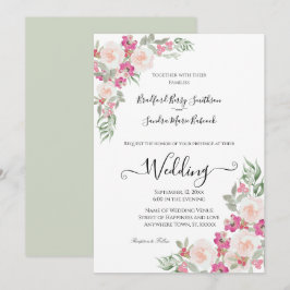 Roze en saliegroene bloemige trouwkaart kaart