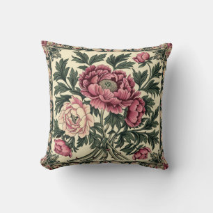 Roze en saliegroene pioen van William Morris in vi Kussen