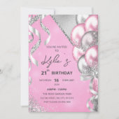 Roze en Silver Birthday Party Invitation Kaart (Voorkant)