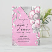 Roze en Silver Birthday Party Invitation Kaart (Staand voorkant)