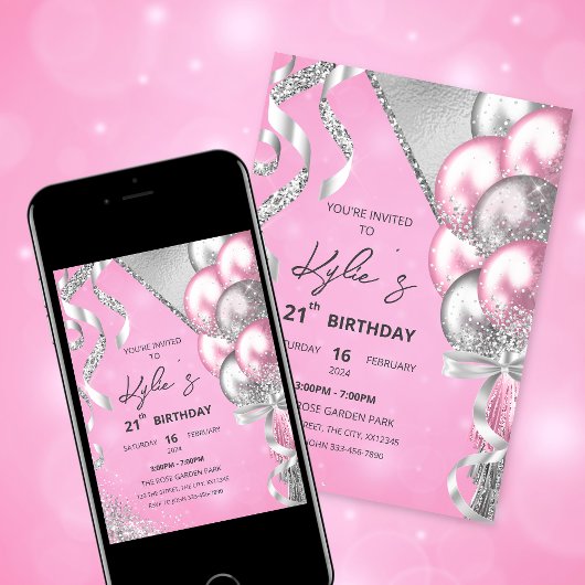 Roze en Silver Birthday Party Invitation Kaart