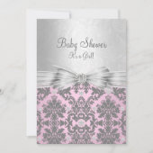 Roze en Silver Damask Baby shower Invitation Kaart (Voorkant)