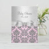 Roze en Silver Damask Baby shower Invitation Kaart (Staand voorkant)