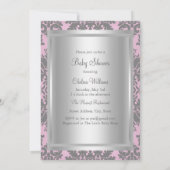 Roze en Silver Damask Baby shower Invitation Kaart (Achterkant)