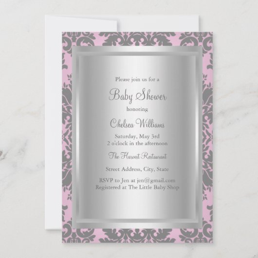 Roze en Silver Damask Baby shower Invitation Kaart (Achterkant)