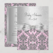 Roze en Silver Damask Baby shower Invitation Kaart (Voorkant / Achterkant)