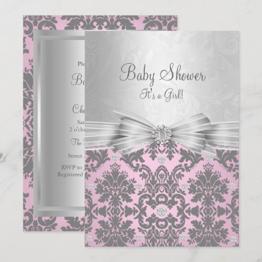 Roze en Silver Damask Baby shower Invitation Kaart (Voorkant / Achterkant)