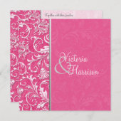 Roze en Silver Damask Wedding Uitnodiging (Voorkant / Achterkant)