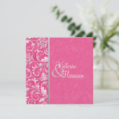 Roze en Silver Damask Wedding Uitnodiging (Staand voorkant)