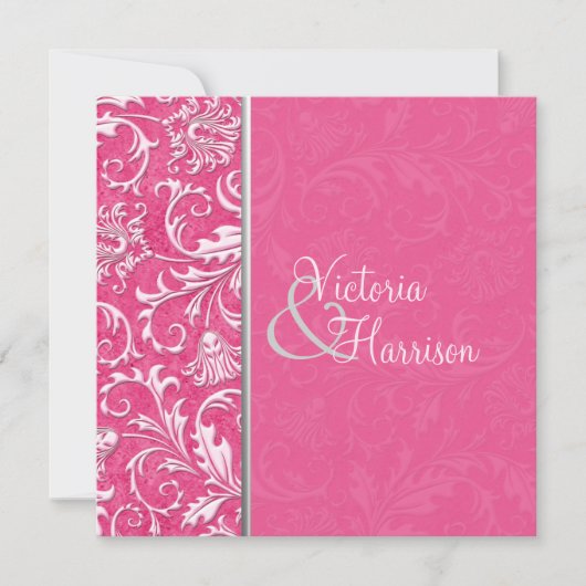 Roze en Silver Damask Wedding Uitnodiging (Voorkant)